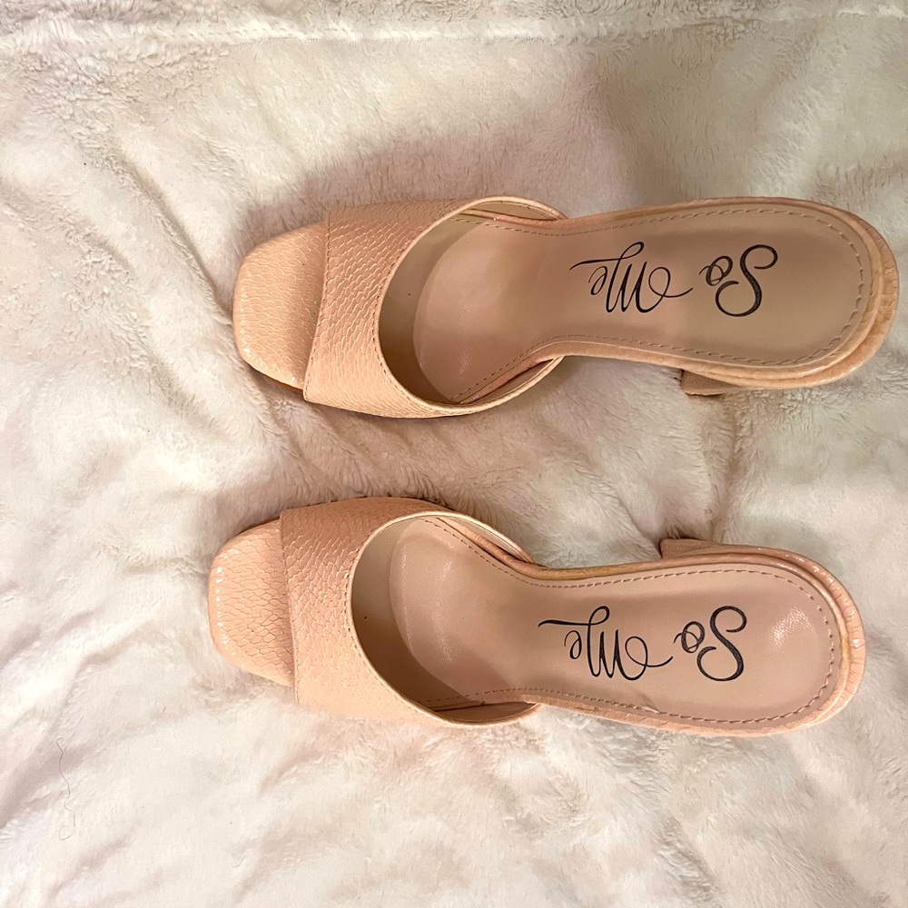 Tan, platform, open toed mule, never worn